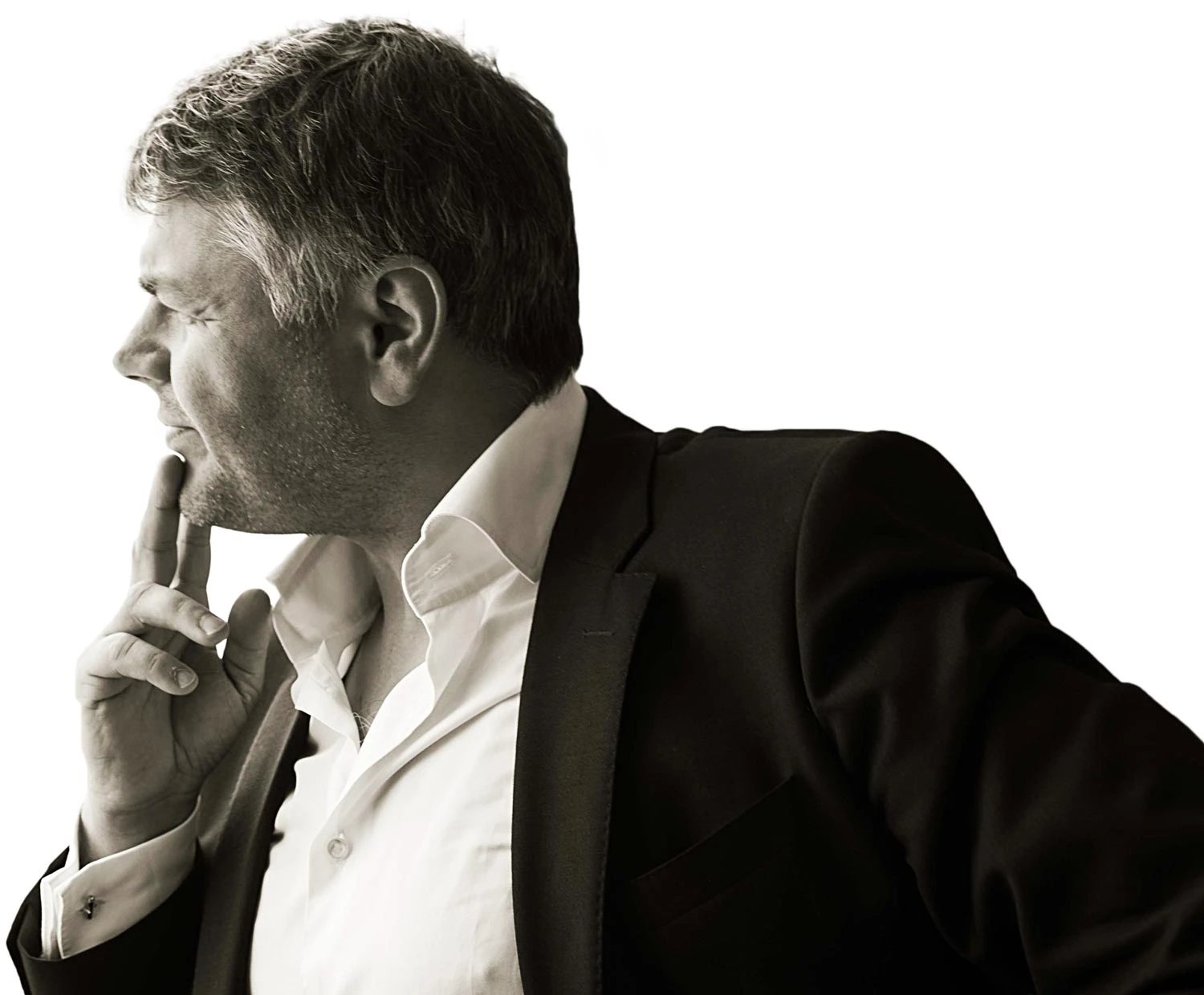 Rechtsanwalt Christoph Hackl im Profil, nachdenklich, Seite Philosophie